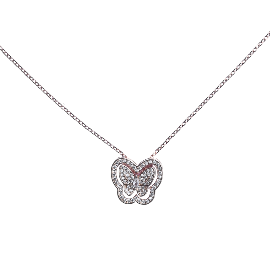 925 Sterling Silver Rose Gold Butterfly Cubic Zirconia Necklace with Chain for Girls and Women 0