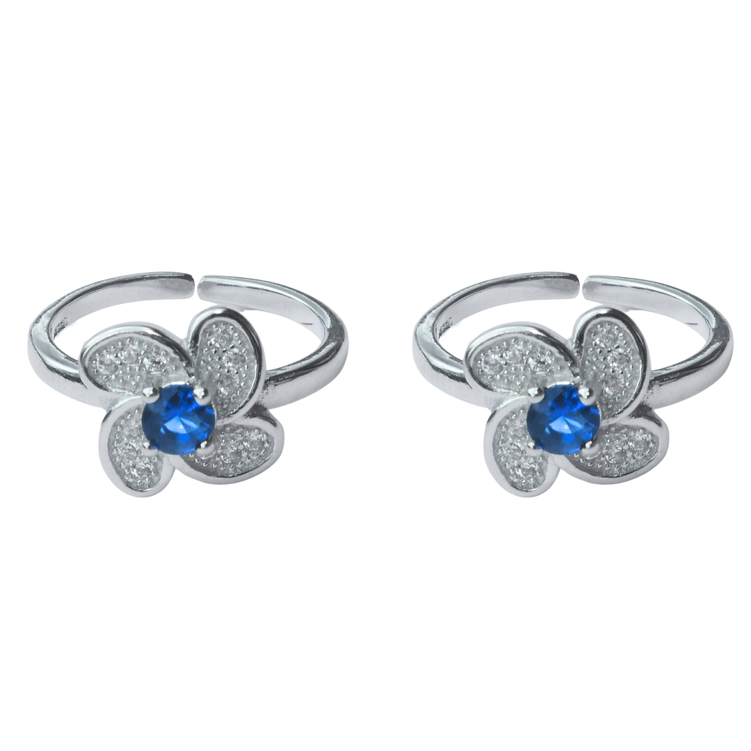 925 Sterling Silver Flower Blue CZ Diamond Rhodium Plated Toe Ring for Women and Girls 0