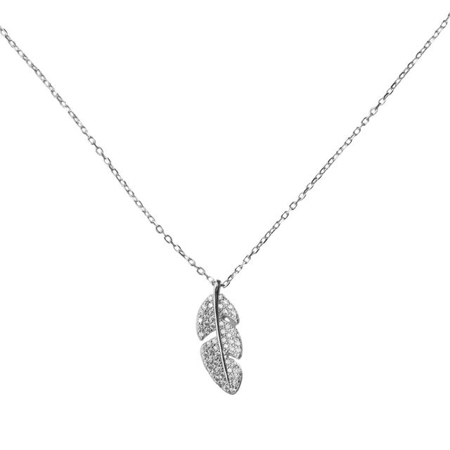 925 Silver Feather Pendant with Zirconia Stones with Link Chain for Women and Girls