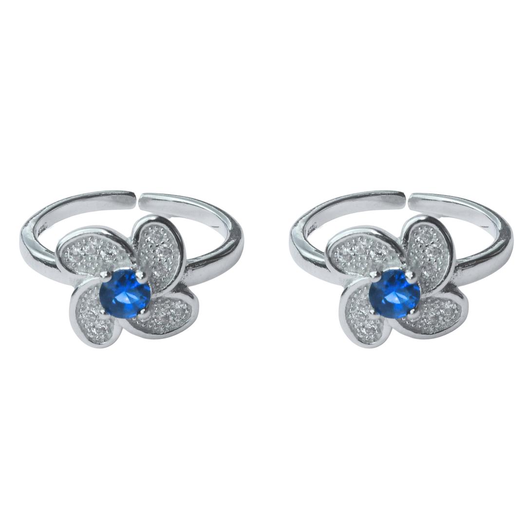925 Sterling Silver Flower Blue CZ Diamond Rhodium Plated Toe Ring for Women and Girls 0