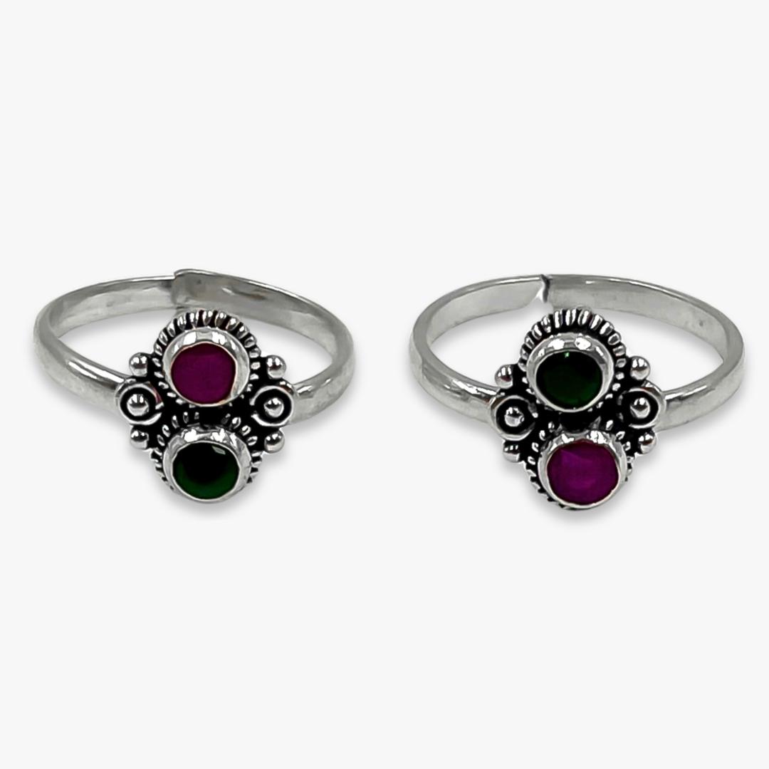 Silver Oxidised Red and Green Gemstone Toe Ring 0