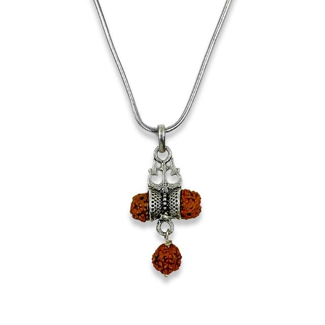 Silver lord Shiva Trishul With Rudraksha Beads Pendant with Chain