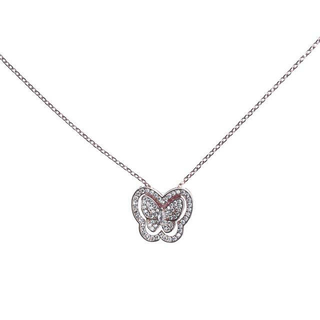 925 Sterling Silver Rose Gold Butterfly Cubic Zirconia Necklace with Chain for Girls and Women
