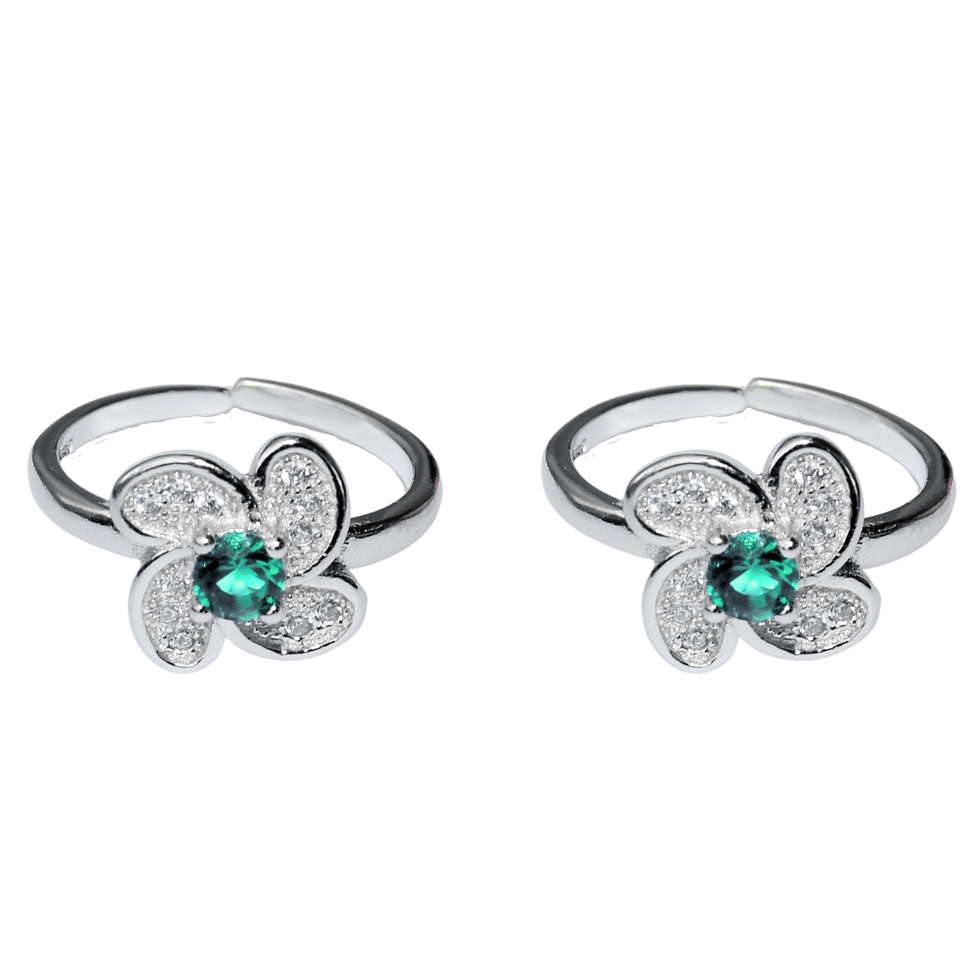 925 Sterling Silver Flower Green CZ Diamond Rhodium Plated Toe Ring for Women and Girls 0