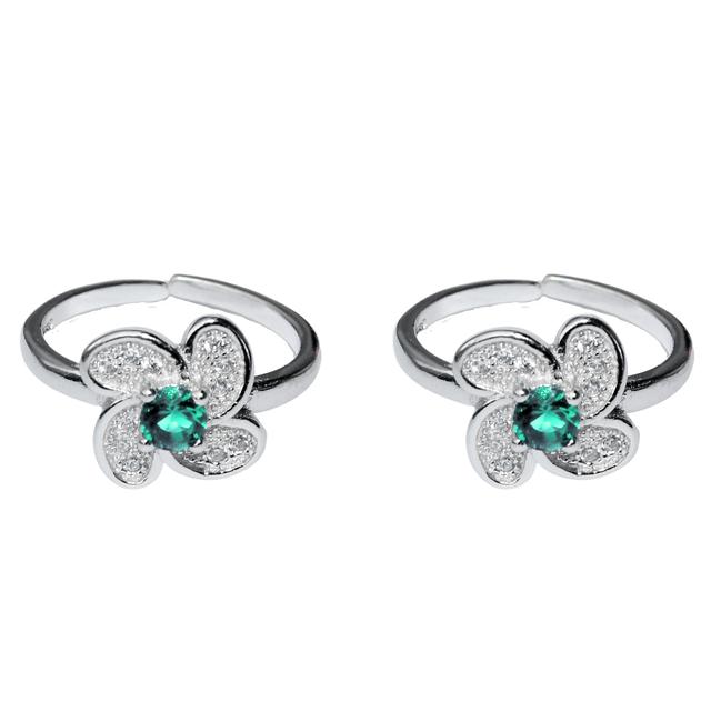 925 Sterling Silver Flower Green CZ Diamond Rhodium Plated Toe Ring for Women and Girls