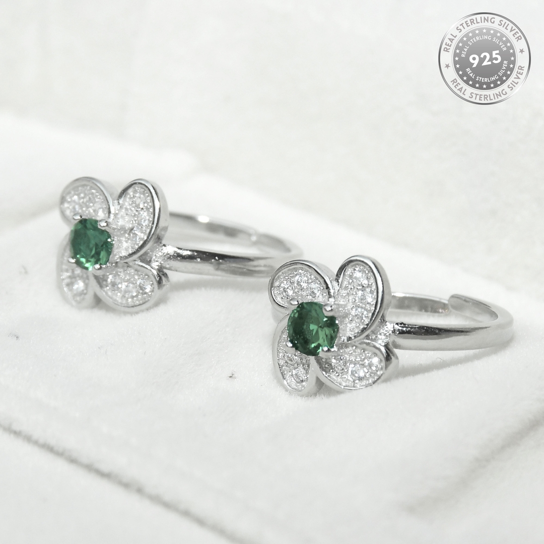 925 Sterling Silver Flower Green CZ Diamond Rhodium Plated Toe Ring for Women and Girls 2