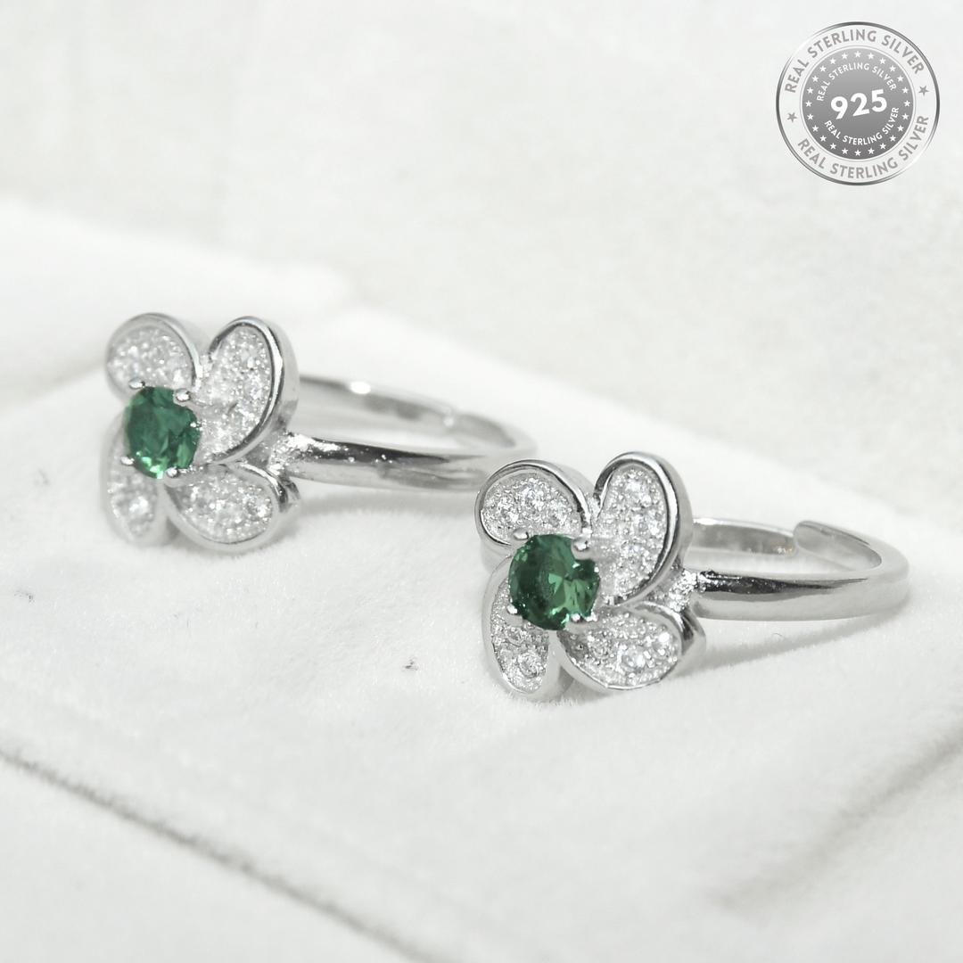 925 Sterling Silver Flower Green CZ Diamond Rhodium Plated Toe Ring for Women and Girls 2