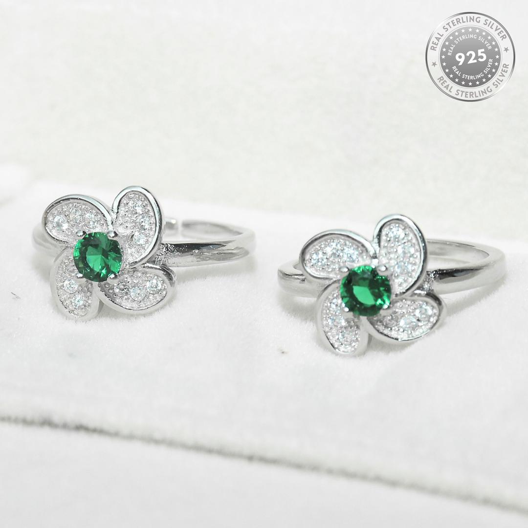 925 Sterling Silver Flower Green CZ Diamond Rhodium Plated Toe Ring for Women and Girls 1