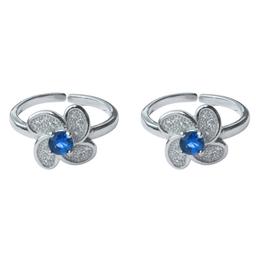 925 Sterling Silver Flower Blue CZ Diamond Rhodium Plated Toe Ring for Women and Girls