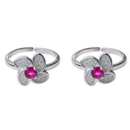 925 Sterling Silver Flower Red CZ Diamond Rhodium Plated Toe Ring for Women and Girls