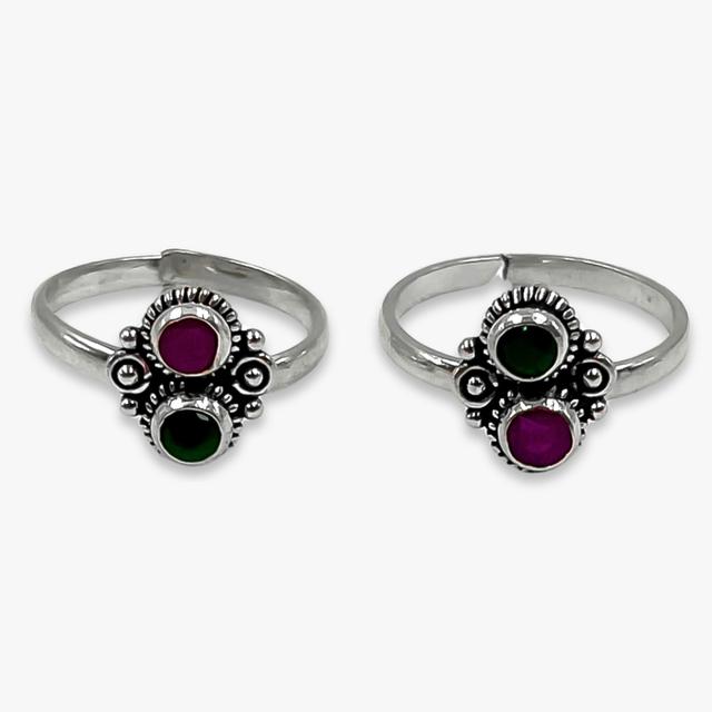 Silver Oxidised Red and Green Gemstone Toe Ring