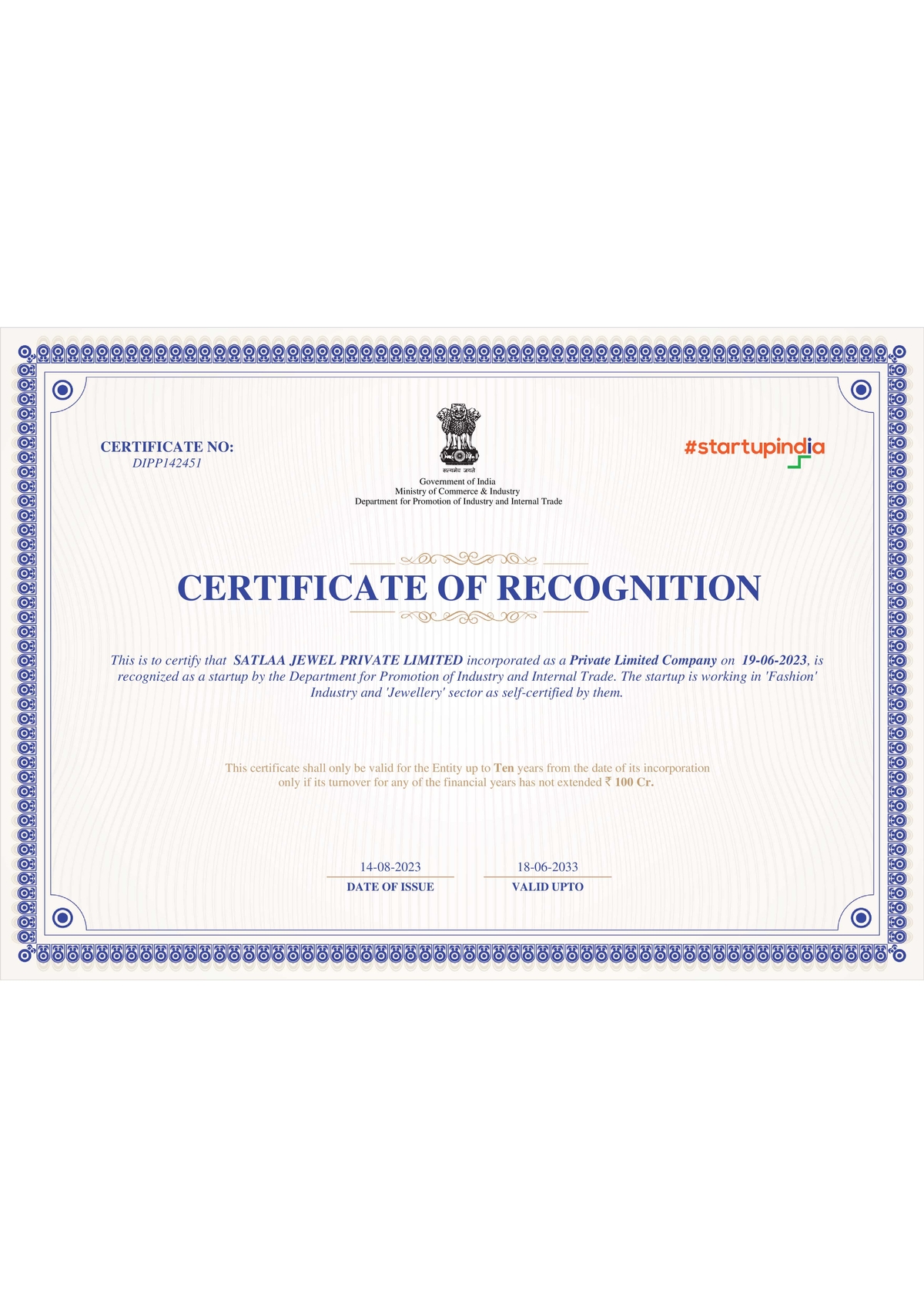 Startup India Certificate