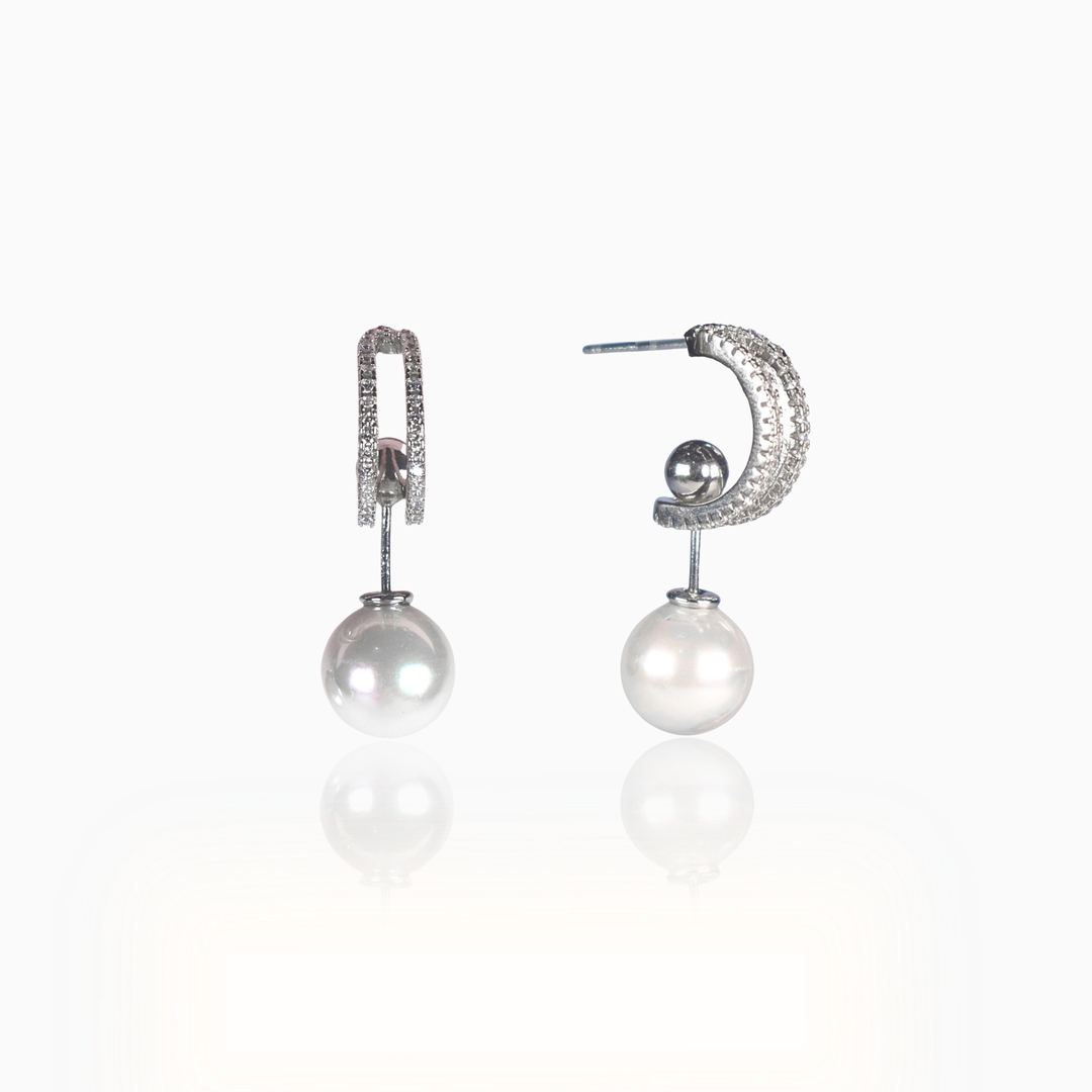 Silver Pearl Drop Hoop Earrings 0