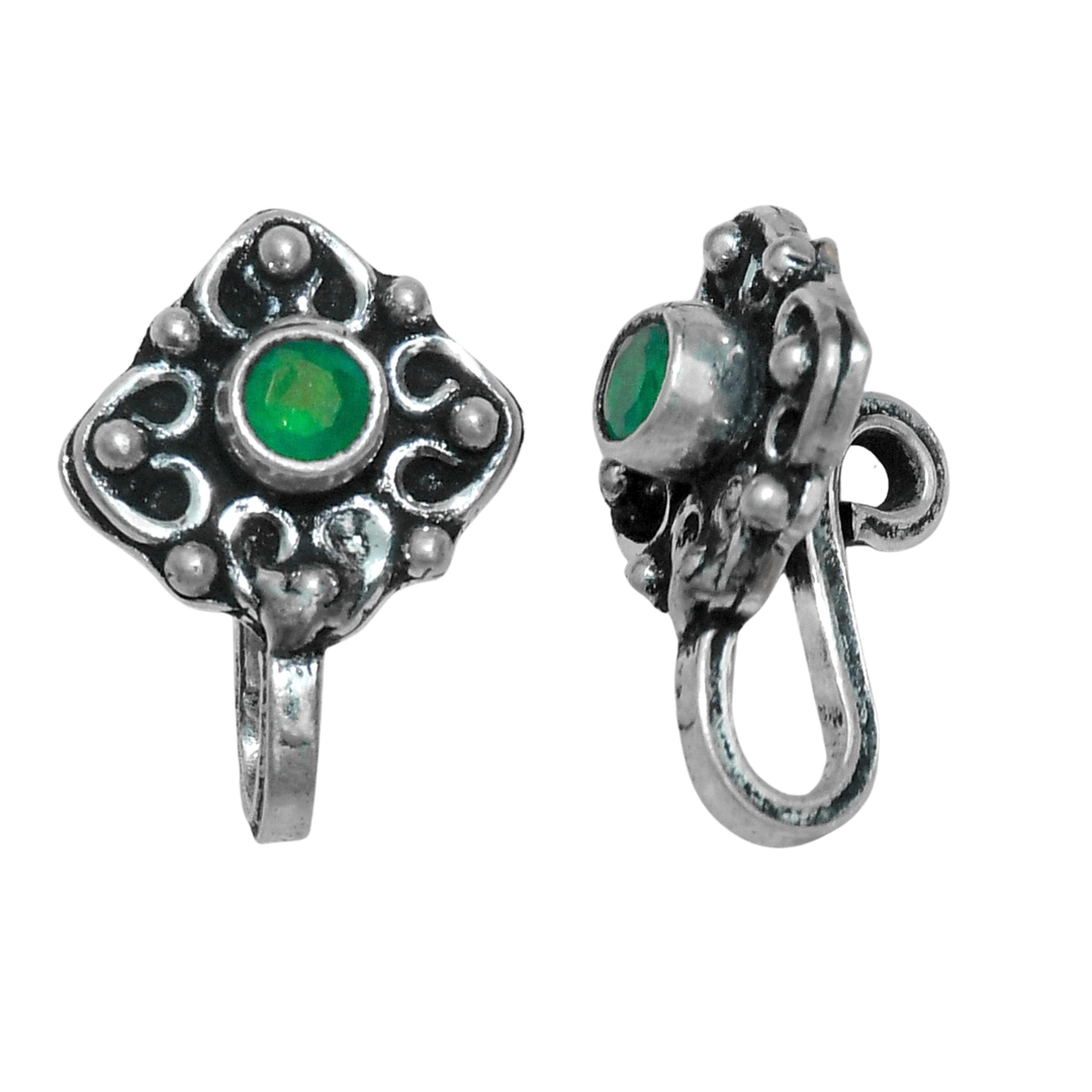 Latest 925 Sterling Silver Oxidised Green Studded Square Shaped Nose Pin for Girls and Women 0