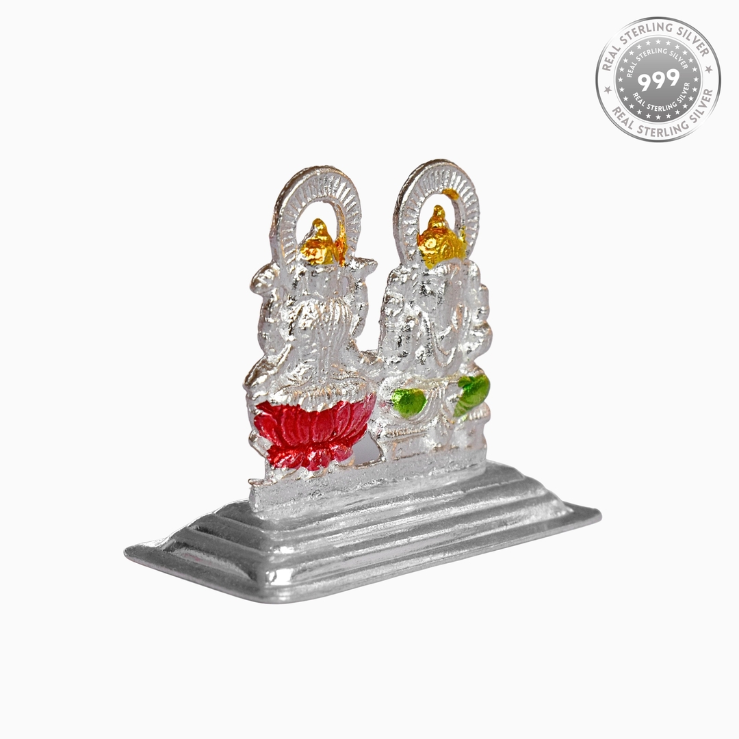 Hand-Painted 925 Sterling Silver Laxmi and Ganesh Idol - Vibrant Spiritual Decor for Home and Festivities 1