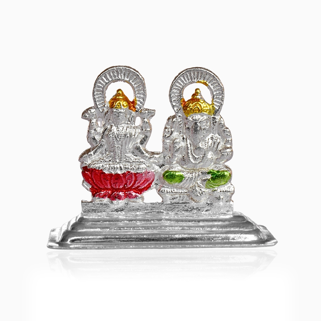 Hand-Painted 925 Sterling Silver Laxmi and Ganesh Idol - Vibrant Spiritual Decor for Home and Festivities 0