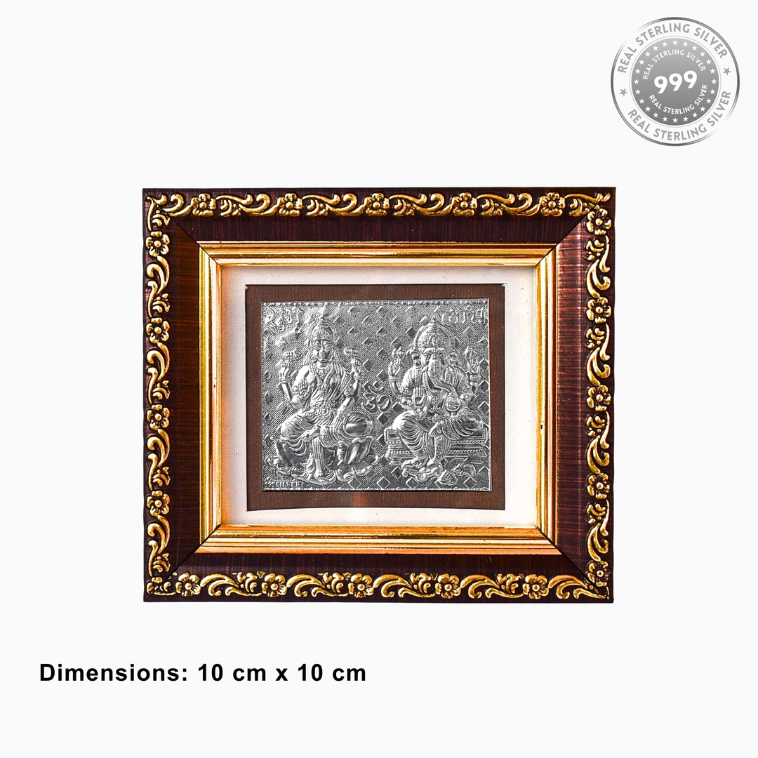 925 Sterling Silver Framed Laxmi-Ganesh Artwork - Ornate Spiritual Decor - Ideal for Puja Room - 4x4 Inch 2