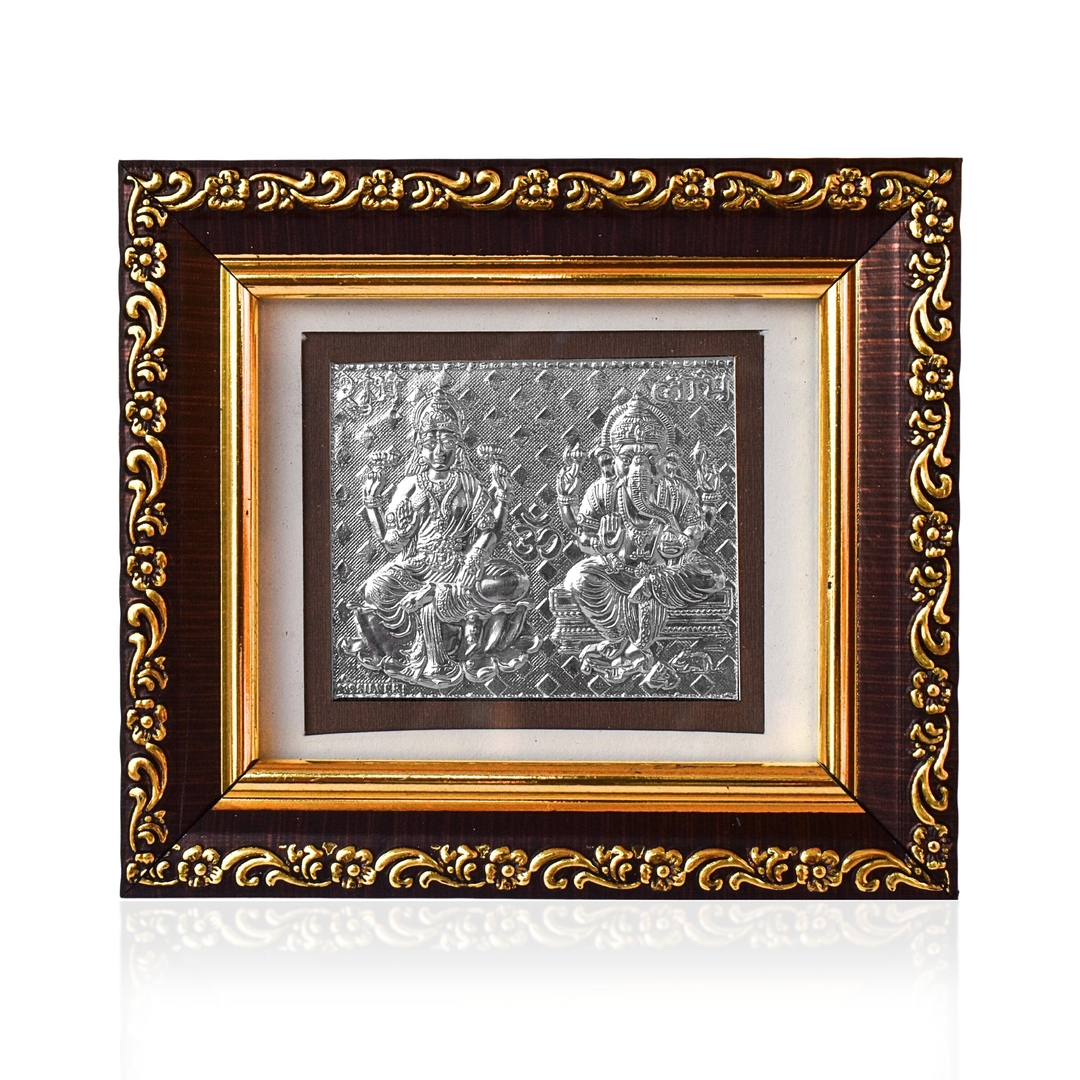 925 Sterling Silver Framed Laxmi-Ganesh Artwork - Ornate Spiritual Decor - Ideal for Puja Room - 4x4 Inch 0