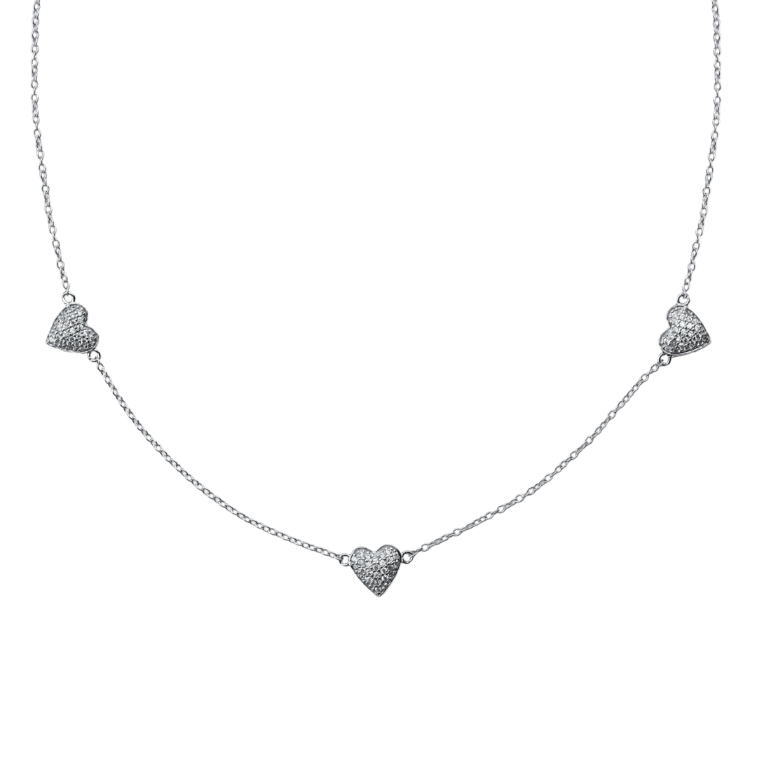 Triple Heart 925 Sterling Silver Necklace with Pave Crystal Accents for Women on Delicate Chain 0