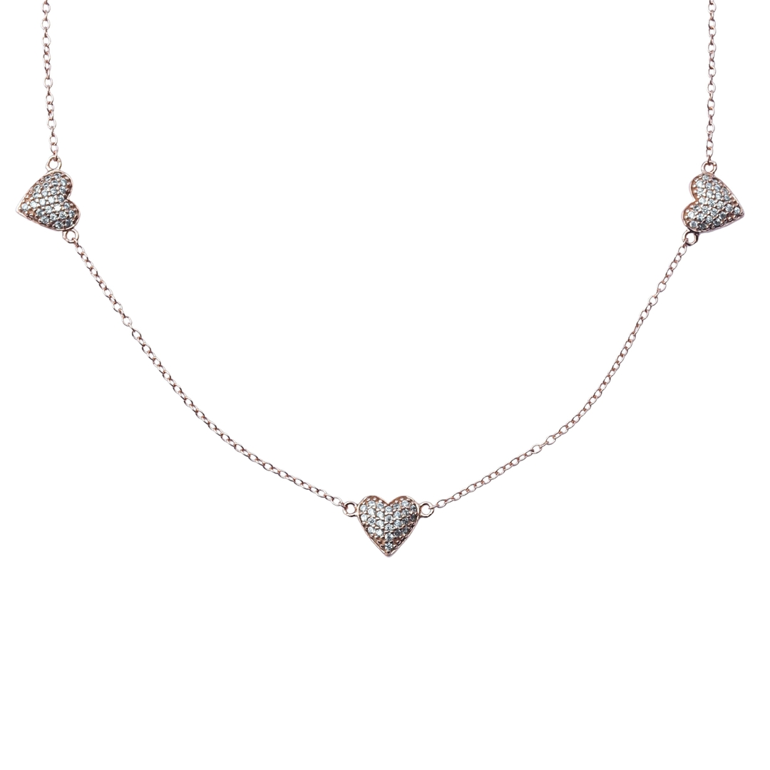 Triple Heart 925 Sterling Silver Rose Gold Necklace with Pave Crystal Accents for Women on Delicate Chain 0