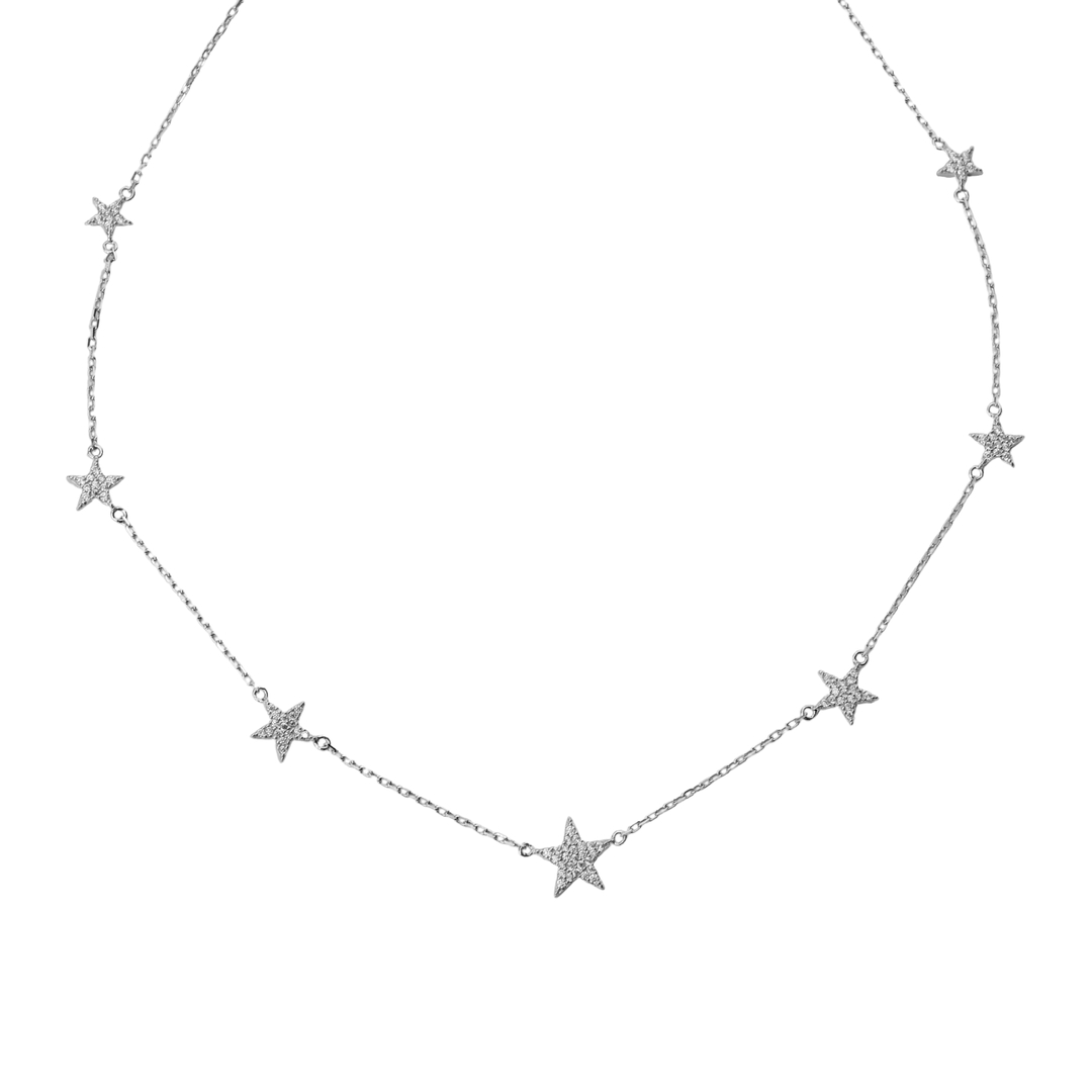 Sparkling 925 Sterling Silver Star Charm Necklace - Delicate Chain with Crystal-Encrusted Stars for Timeless Elegance 0