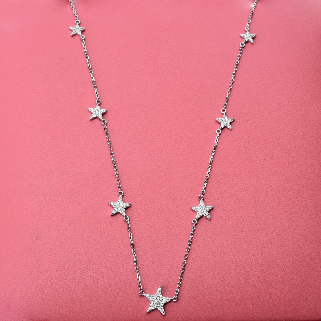 Sparkling 925 Sterling Silver Star Charm Necklace - Delicate Chain with Crystal-Encrusted Stars for Timeless Elegance 1