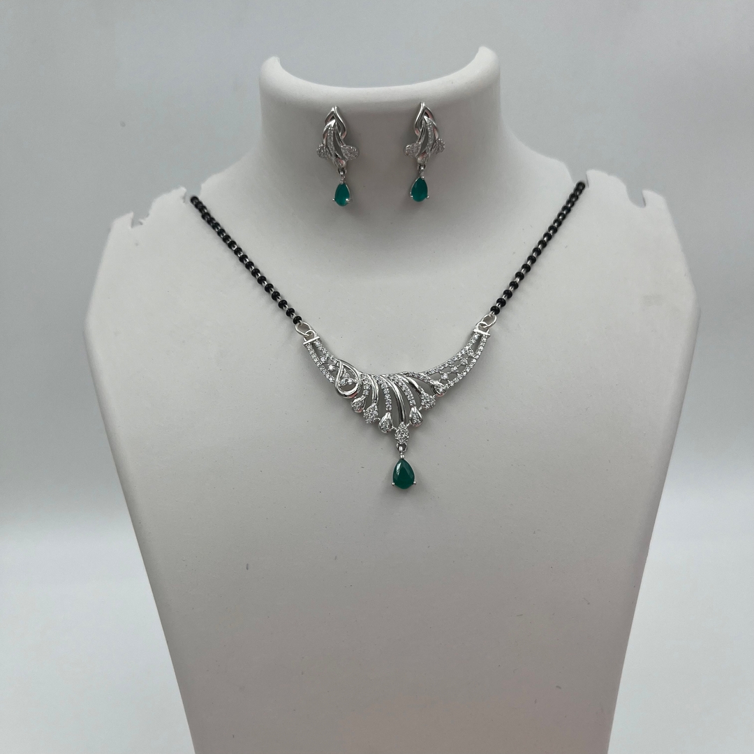 Silver Peacock Feather Mangalsutra and Earrings Set with Green Teardrop Crystals 1