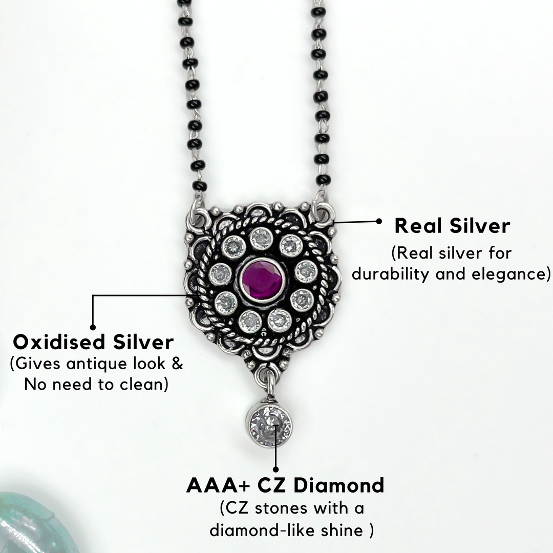 Silver Medallion with Purple Gemstone and Crystal Accents Mangalsutra 1