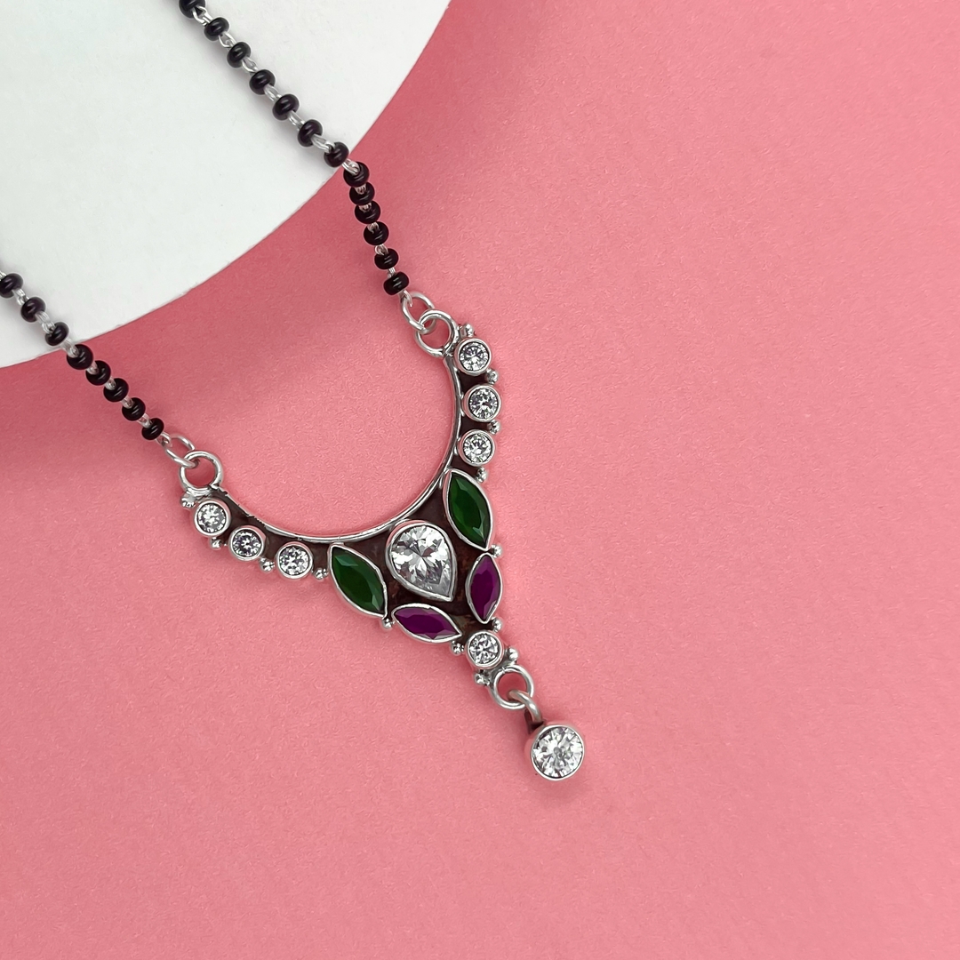 Silver Collar Mangalsutra with Vibrant Purple and Green Gemstone 2