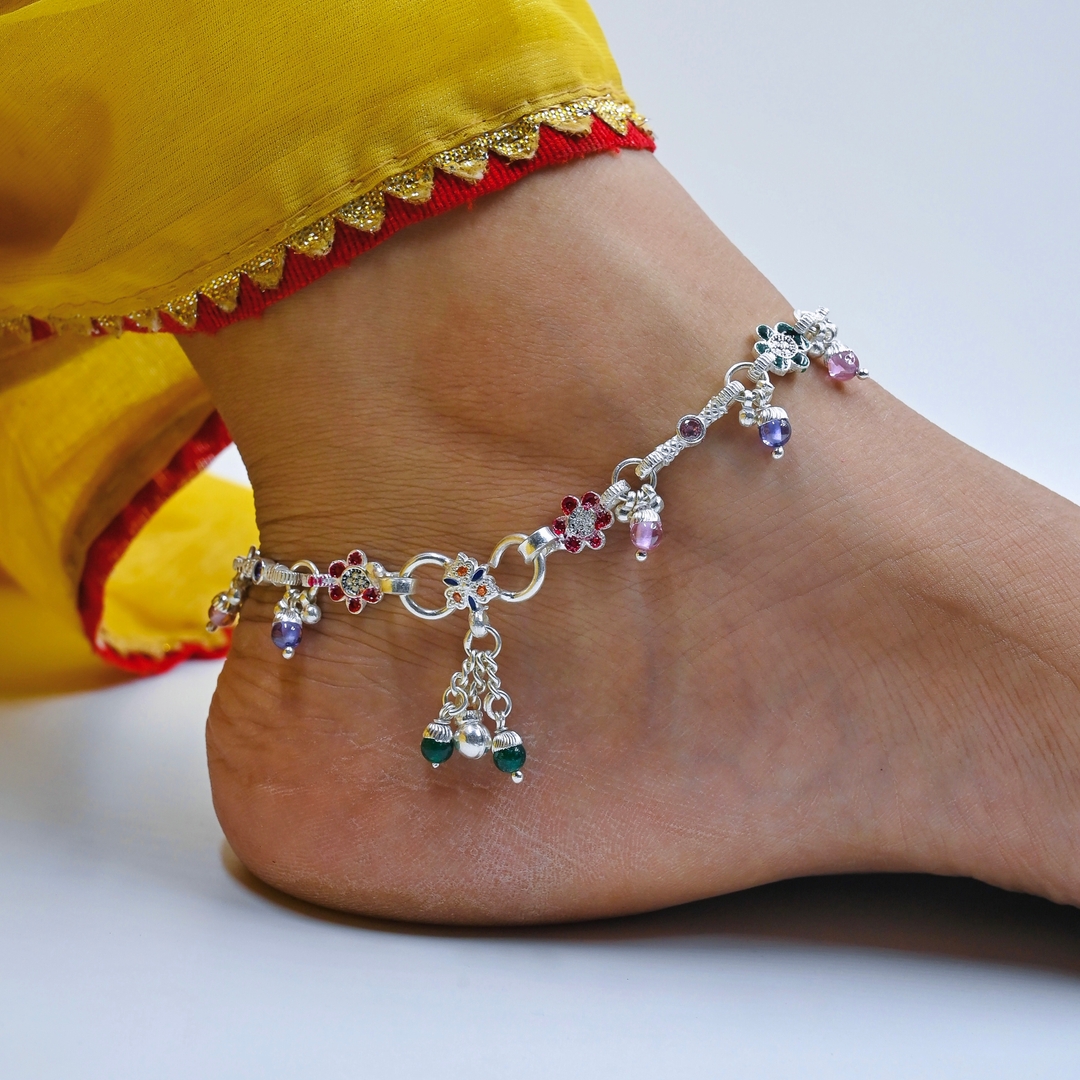 Silver Traditional Ethnic Flower Anklet 5