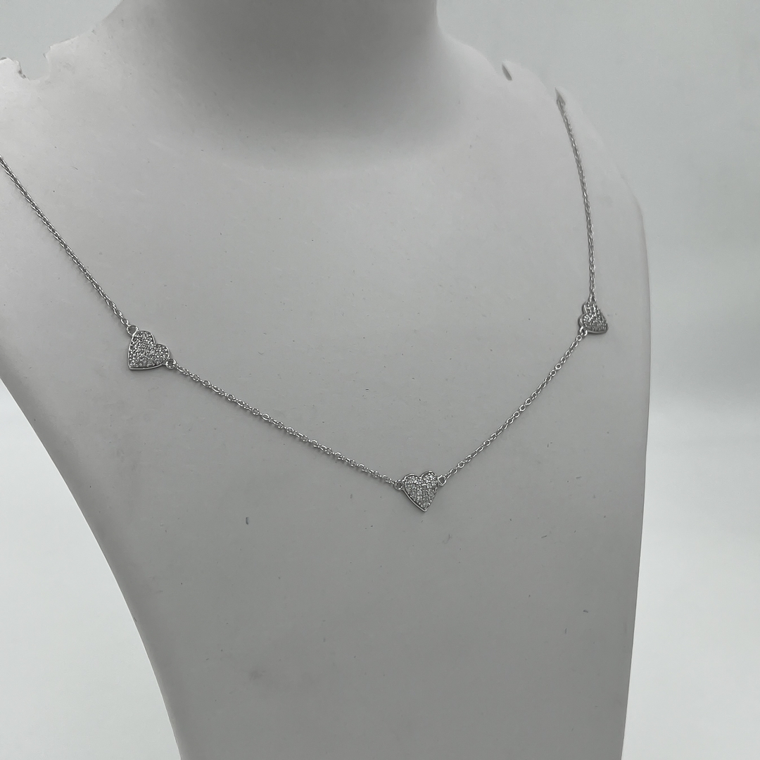 Triple Heart 925 Sterling Silver Necklace with Pave Crystal Accents for Women on Delicate Chain 2