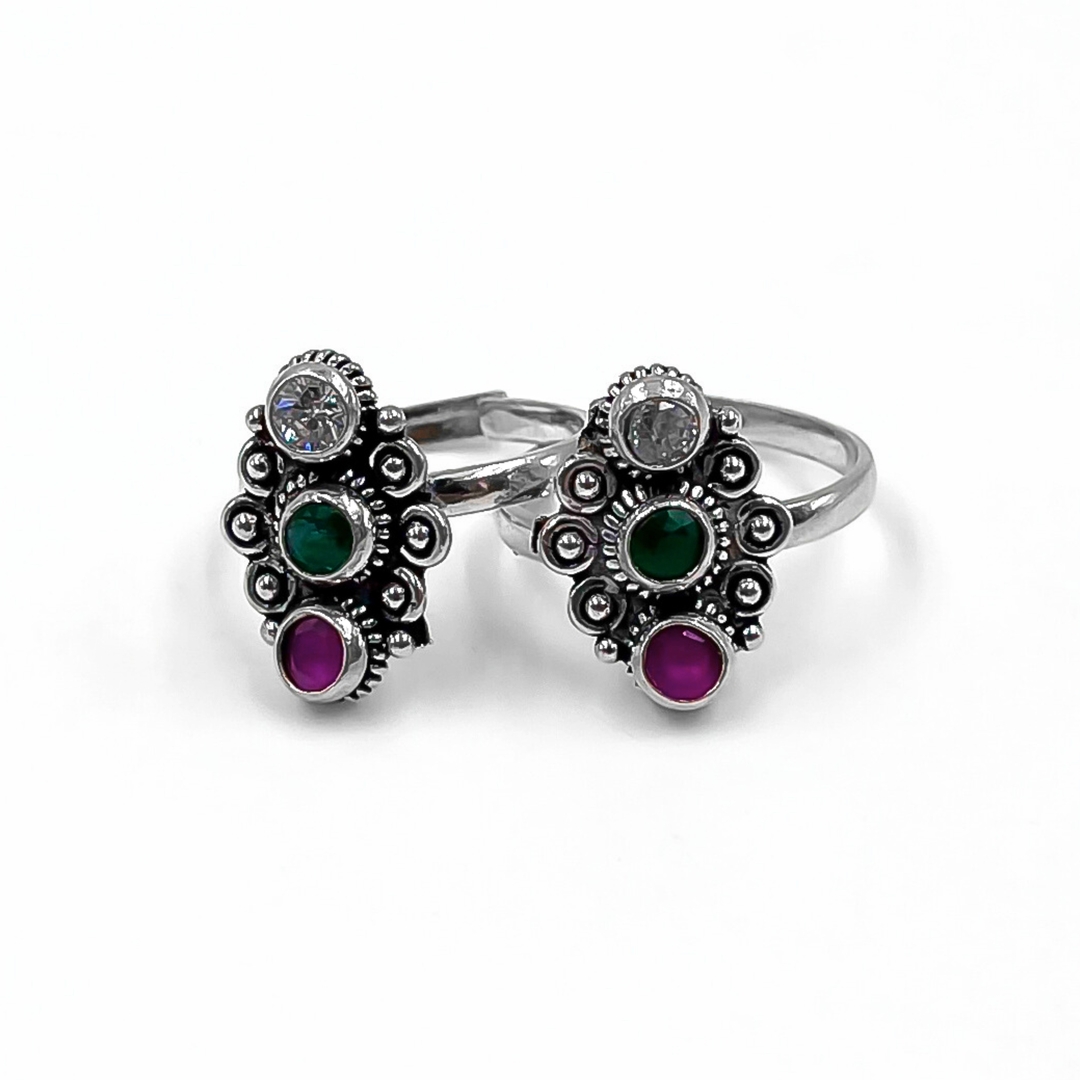 Silver Oxidised Three Gemstone Toe Ring 2