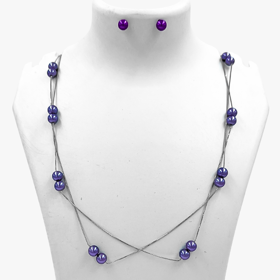 Silver Voilet Pearl Necklace and Earring Set 1