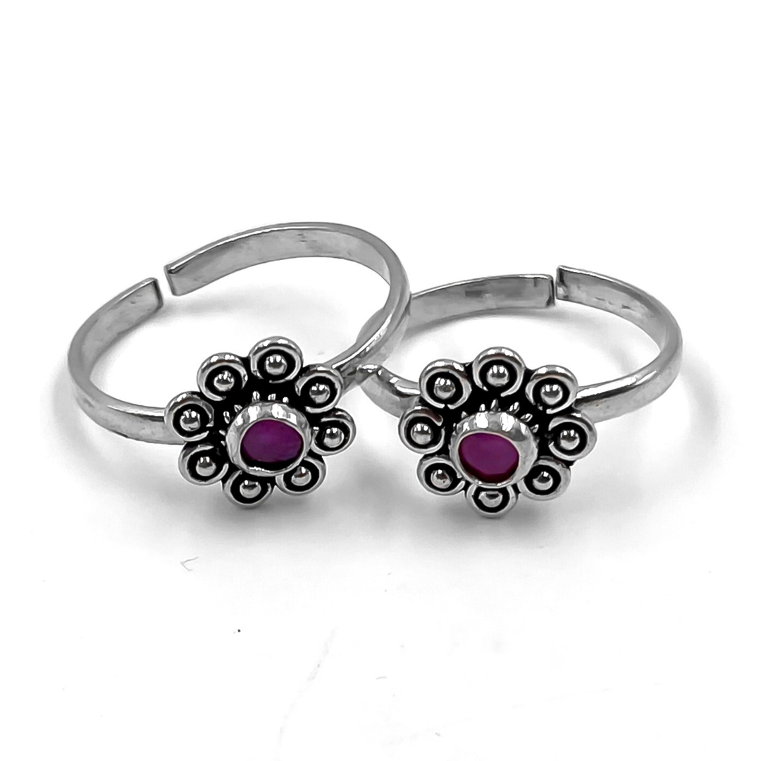 Silver Oxidised Red Ball Gemstone Toe Ring 1