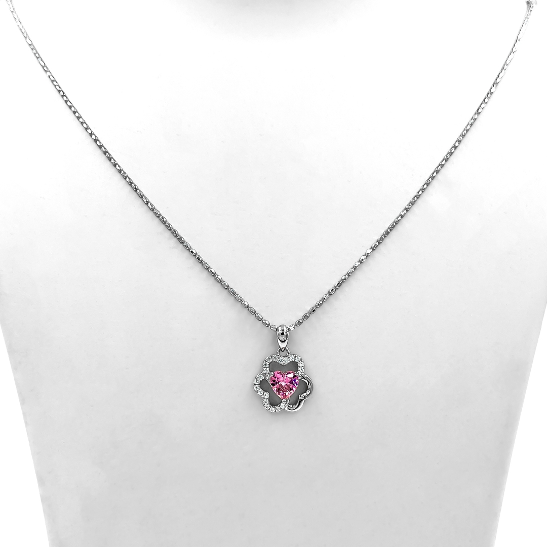 Silver Floral Pendant with Pink Gemstone 2