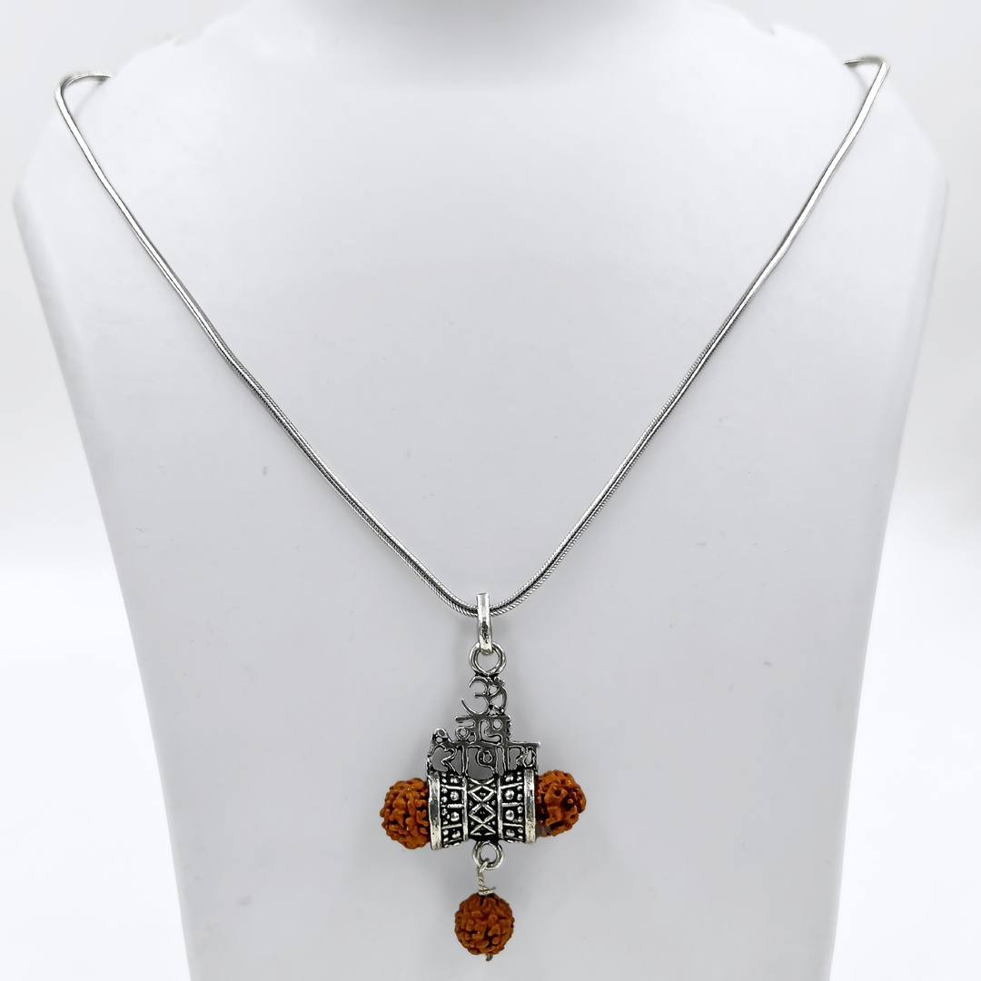 Silver lord Shiva Damru With Rudraksha Beads Pendant with Chain 1