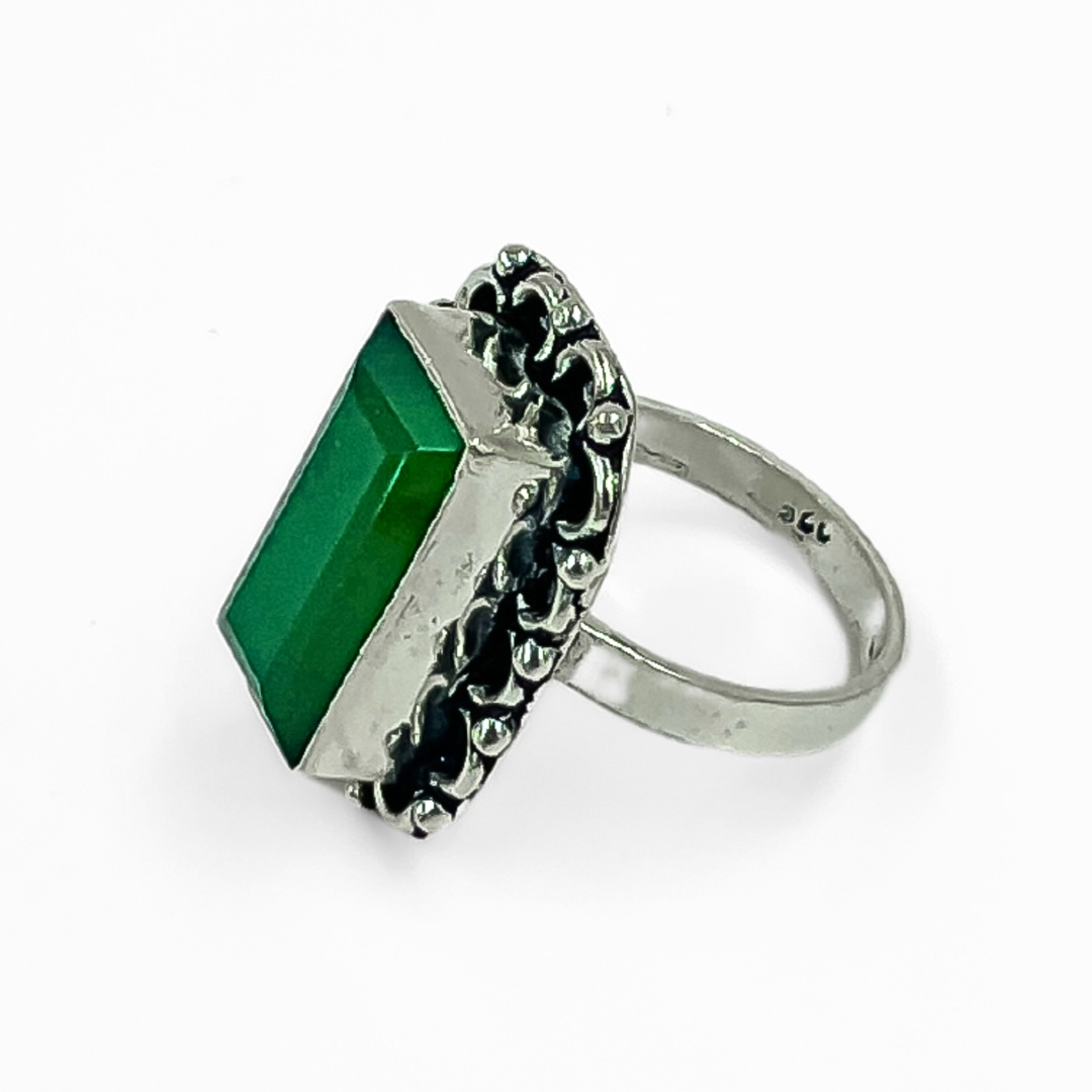 Silver Green Onyx Royal Square Cut Stone Ring Women & Girls 3