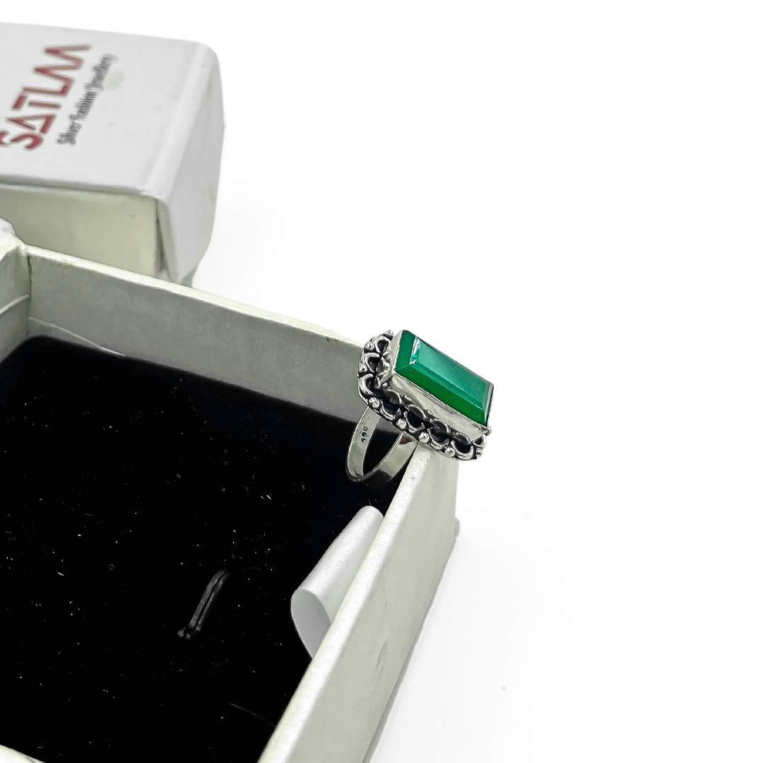 Silver Green Onyx Royal Square Cut Stone Ring Women & Girls 2