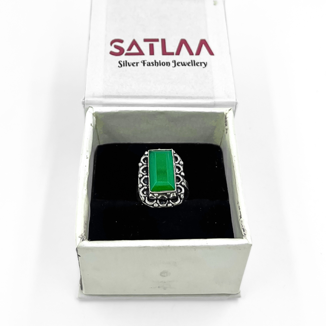 Silver Green Onyx Royal Square Cut Stone Ring Women & Girls 1