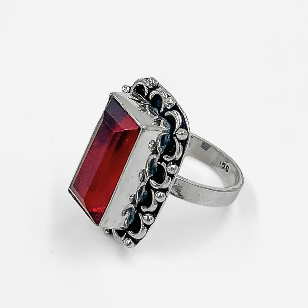 Silver Ruby Red Royal Square Cut Stone Ring Women & Girls 1