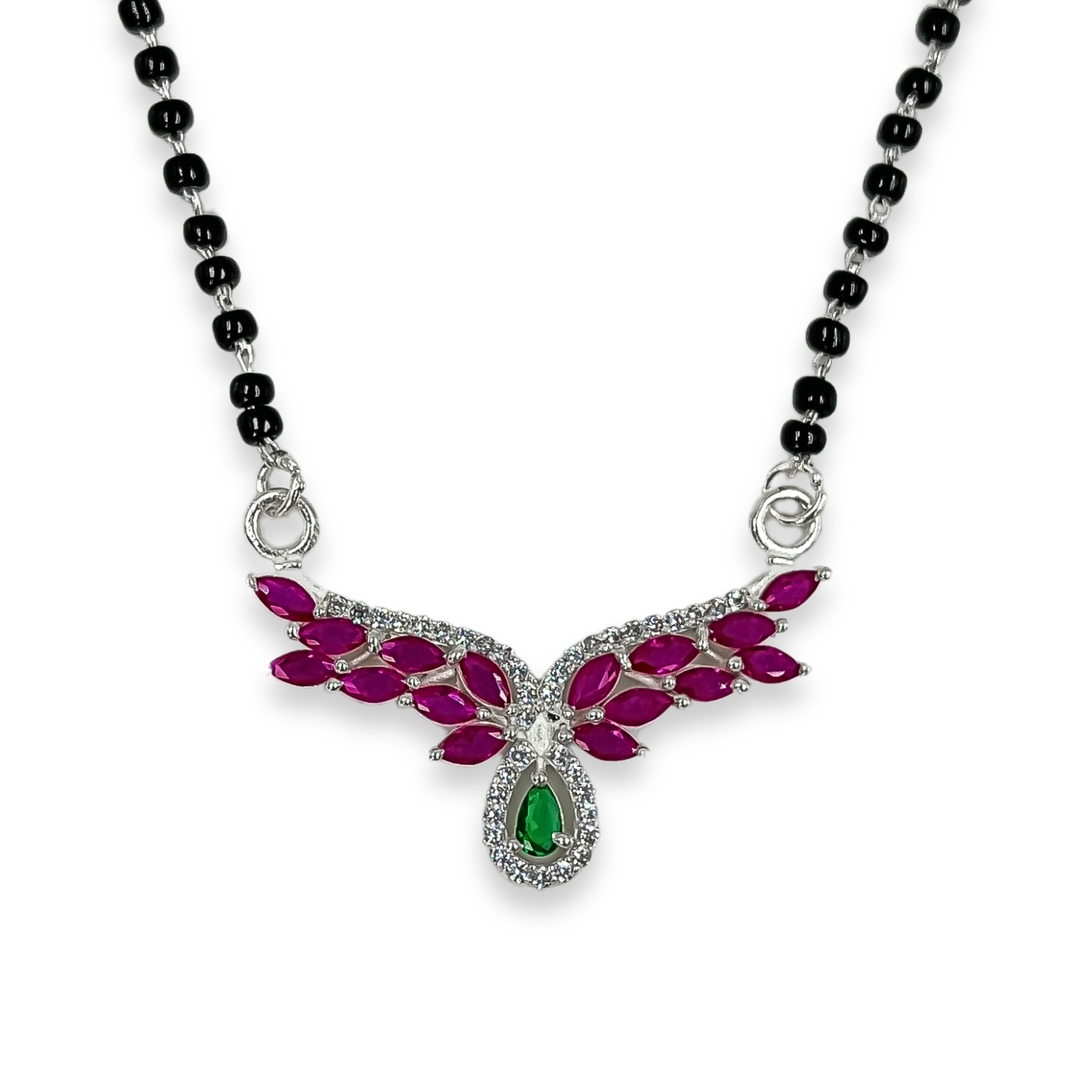 925 Sterling Silver Angel Wings Pendant Necklace with Teardrop Pink Gemstone and Green Crystal Accents 0