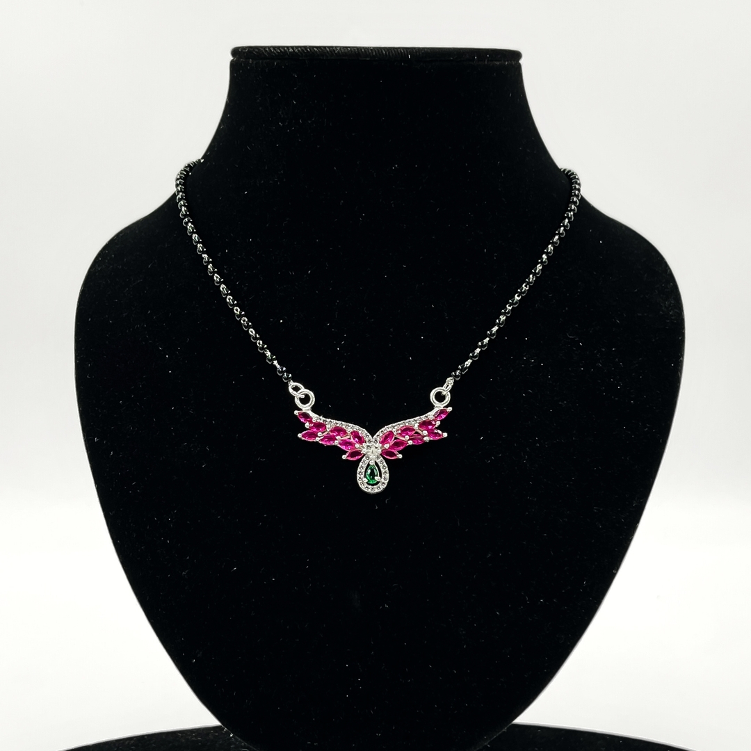 925 Sterling Silver Angel Wings Pendant Necklace with Teardrop Pink Gemstone and Green Crystal Accents 1