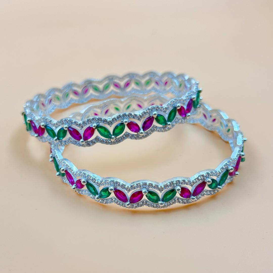 Silver Bangles Adorned with Pink and Green Gemstones 3