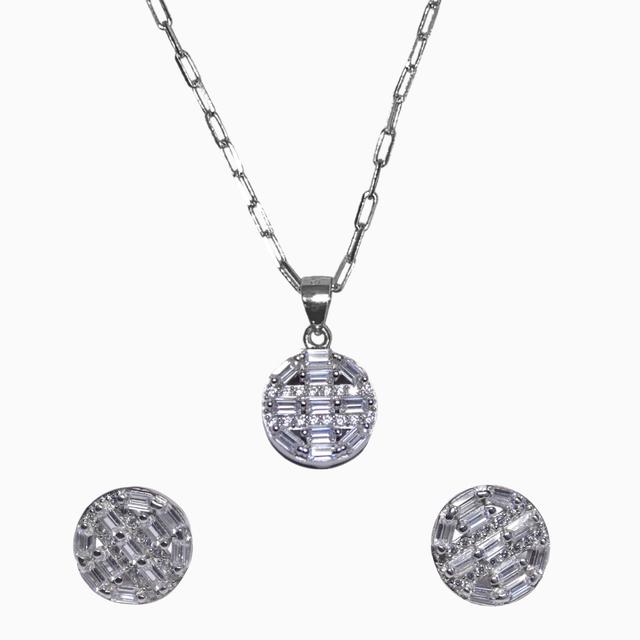 Silver Dazzling Square Cut Diamond Pendant Set