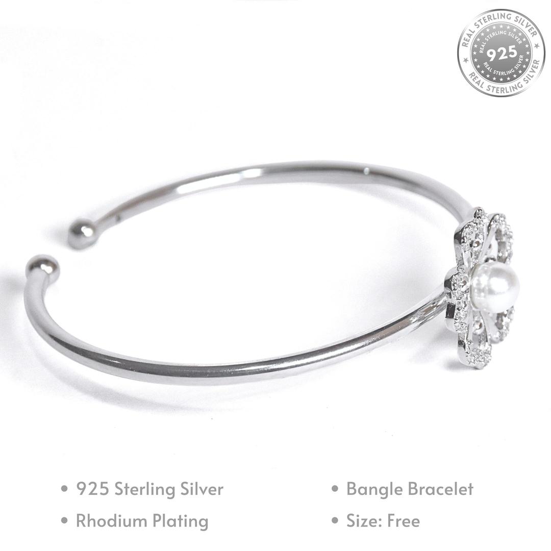 Silver Pearl Blossom Bangle Bracelet 1