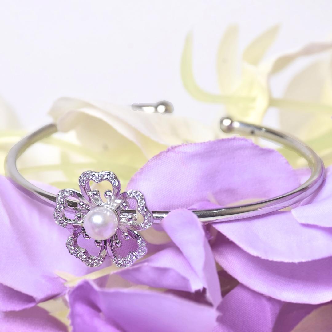 Silver Pearl Blossom Bangle Bracelet 2