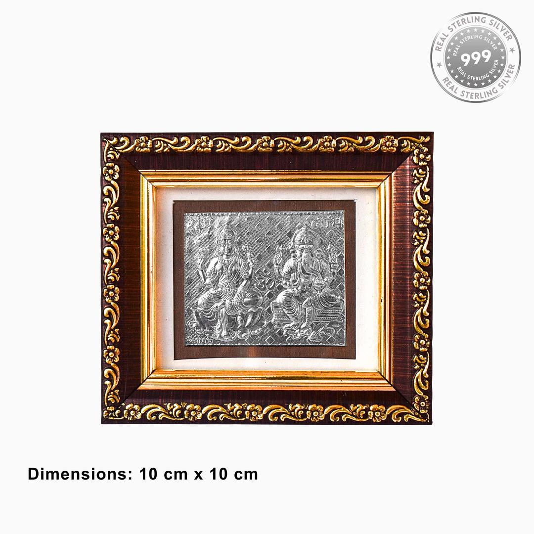 925 Sterling Silver Framed Laxmi-Ganesh Artwork - Ornate Spiritual Decor - Ideal for Puja Room - 4x4 Inch 2