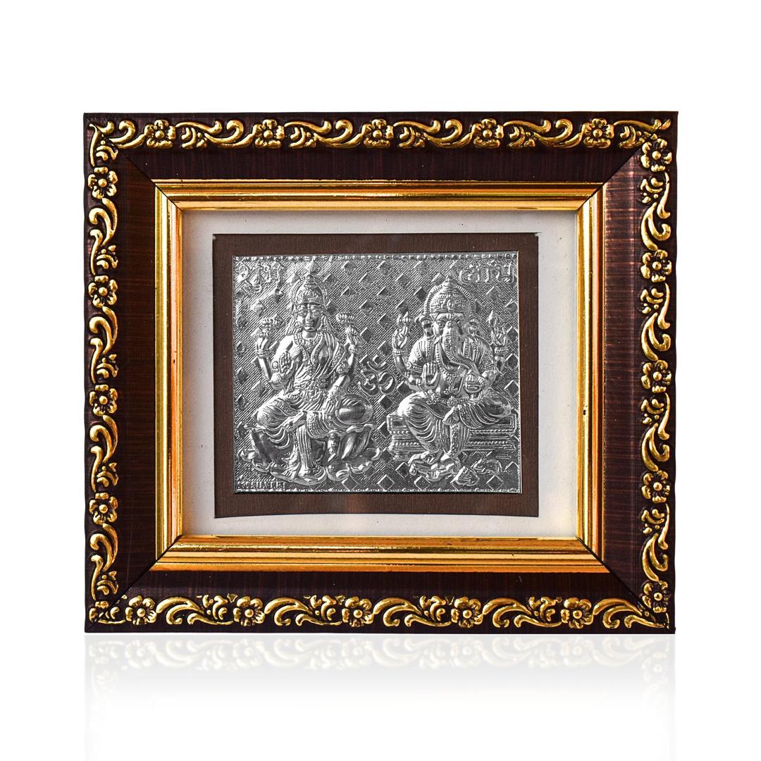 925 Sterling Silver Framed Laxmi-Ganesh Artwork - Ornate Spiritual Decor - Ideal for Puja Room - 4x4 Inch 0