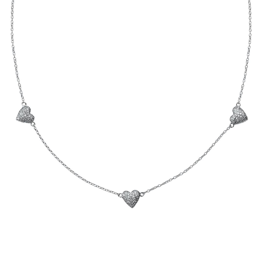 Triple Heart 925 Sterling Silver Necklace with Pave Crystal Accents for Women on Delicate Chain 0