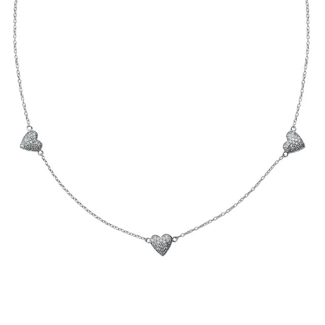 Triple Heart 925 Sterling Silver Necklace with Pave Crystal Accents for Women on Delicate Chain